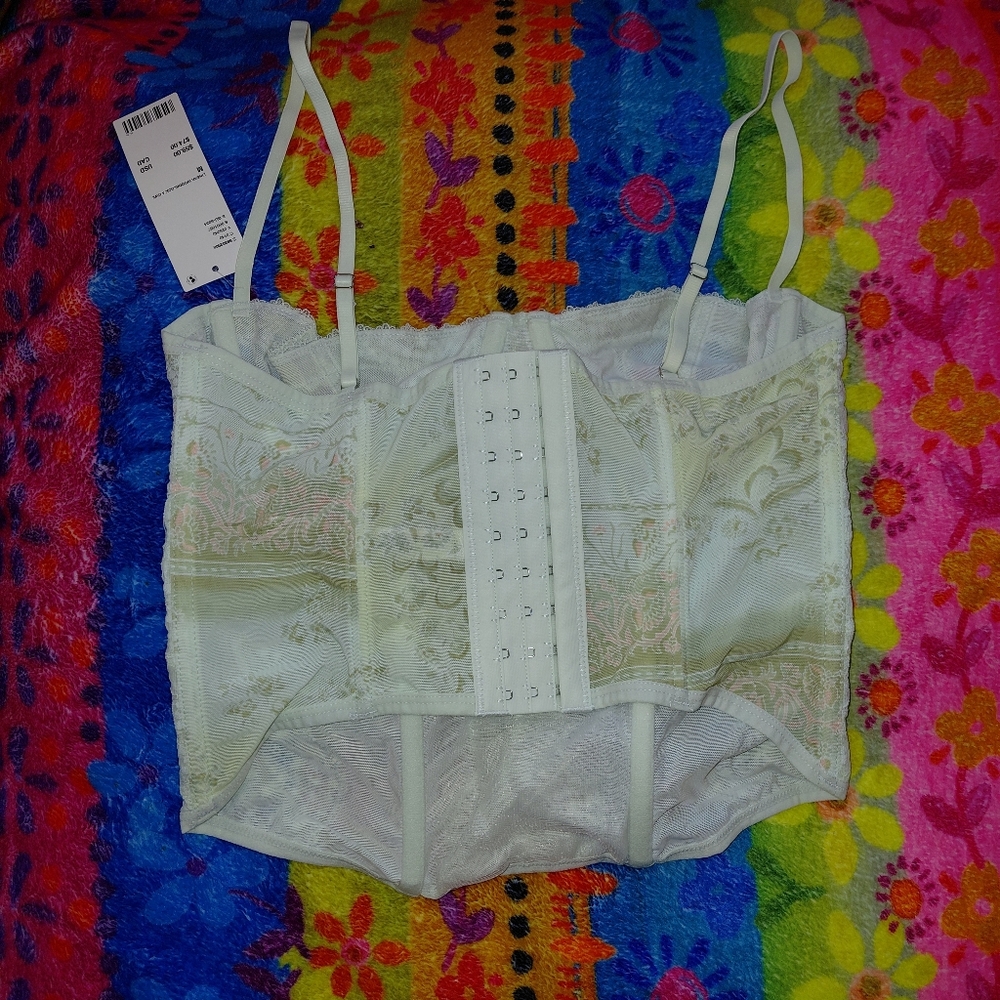 UO Aura Floral Lace Trim Mesh Corset Top Green - Picture 6 of 7
